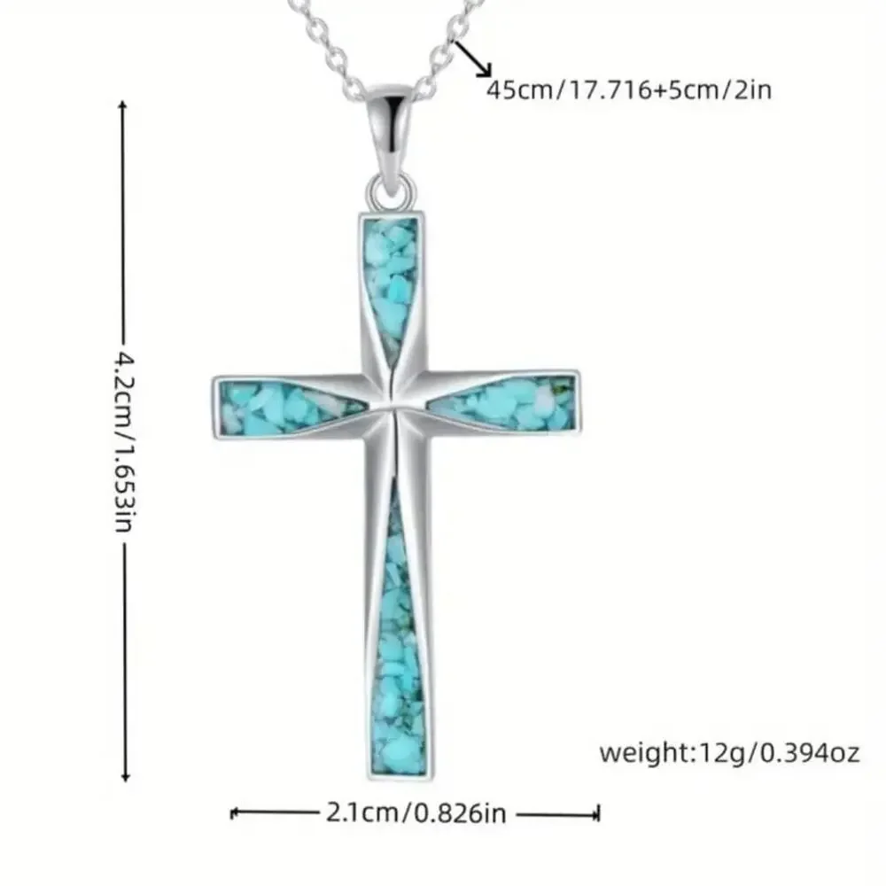 925 Silver Necklace w/ Turquoise Cross Western Christian Birthday Anniversary